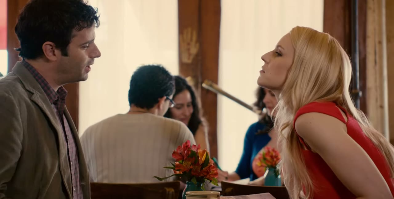 Luke Kirby and Gia Crovatin across a cafe table in Sure Thing